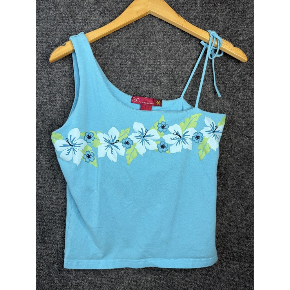 VTG Y2K SO Real So Right Tank Top Junior Large Blue Hibiscus Floral One Shoulder